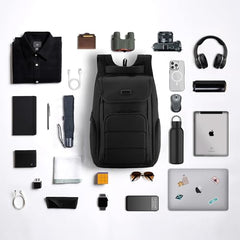 HARISSONS Teknos Business Travel Laptop Backpack | 35L | Fits 15.6” Laptop | 900D PU-Coated Polyester & Vegan Leather | Work, Travel & Commute | USB Port, Anti-Theft Pocket, Rain Cover (Black)