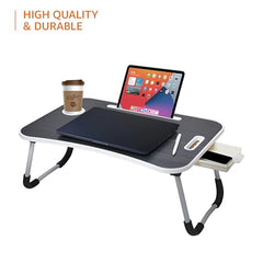 Amazon Basics Engineered Wood Foldable Laptop Table with Cup Holder, Tablet Groove and Mini Drawer (60L x 40W x 26H cm, Black)