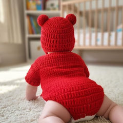 MOMISY Handmade Crochet Baby Romper Set, Red Bear Design with White Belly, Matching Cap, Photography Costume Prop