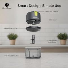 HOMEBASIC 350ml Rechargeable Electric Chopper | 6 Stainless Steel Blades | One-Touch Operation | Compact Mini Food Processor for Onion, Garlic, Ginger, Vegetables, Meat, Nuts | USB Charging