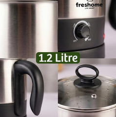 FRESHOME Electric Multipurpose Kettle 1.2L, 600W, with Stainless Steel Body, Egg Rack, Grill Rack, 3 Heating Modes & Rapid Boil Technology, Boiling Water, Tea, Coffee, Oats, Noodle, Soup (Silver)