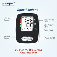 NISCOMED PW-221 Digital LCD Display BP Check Machine For Home | Fully Automatic Upper Arm Style BP Monitor | With USB Cable & AAA Battery | Memory 99 x 2 Users With Digital Thermometer