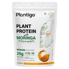 Plantigo Plant Protein Powder with Moringa Superfood | 25g Protein, 5g BCAA, 2.5g Leucine, Digestive Enzymes | 3rd Party Lab Tested | Lush Mango Flavor - Travel Pouch