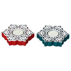 eCraftIndia Wooden Floral Printing Block Decorative Tea Light Candle Holders (Set of 12, Green White) Diwali Christmas Decorations Items for Home Office Christmas Gifts for Women Men Family Friend