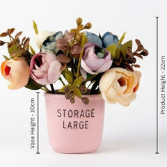 Dekorly Premium Artificial New Rose Flower with Pink Decorative Pot (Storage Large) – 22 cm Faux Flower Arrangement for Home Decor Living Room Bedroom Office Decor (1, Rose)