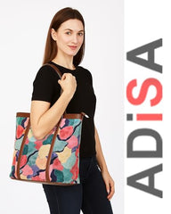 ADISA Women's Office Laptop Handbag Large Printed Shoulder Bag (ADW4087-BLA-ORA)