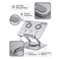 COOLCOLD Laptop Stand with Detachable Magnetic Dual Cooling Fans, 360° Rotating Base, Adjustable Height & Angle, Foldable Ergonomic Holder for Up to 14 Inch Laptops, MacBook, HP, Dell, Lenovo, Grey