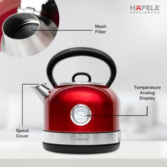 Hafele Dome Plus 2200W, 240V Electric Stainless Steel Kettle with Spout Cover with Analogue Temperature Display, Detachable Micro-Mesh Filter for Lime Scale Filtering, Easy Cleaning (1.7 L) (Grey)