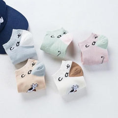 MOMISY Cute Cat Design Ankle Socks Pastel Colors, Low-Cut Casual Wear Pack of 5 (Multicolor)