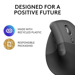 Logitech Lift Vertical Ergonomic Mouse, Wireless, Bluetooth or Logi Bolt USB Receiver, Quiet clicks, 4 Buttons, Compatible with Windows/macOS/iPadOS, Laptop, PC - Graphite