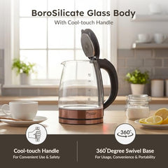 Prestige PKGB 1.8 Litre Electric Glass Kettle| LED Power Indicator| Borosilicate Glass| Automatic Power Cut-Off| Concealed Element| 360 Degree Swivel| Cool Touch Handle, 1350 Watts, Transparent