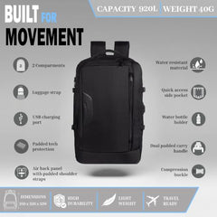 F Gear Blackhawk Black 40L Laptop Backpack, USB Port, Fits 18-inch Laptop
