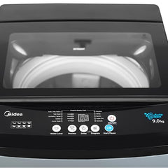 Midea 9kg 5-Star Top Load | Fully Auto | Soft Close Glass Lid | Hydrowave Stainless Tub | 10 Wash Programs | Auto Drum Clean | Magic Filter | Child Lock | Delay Wash | Inox Grey | MWMTL090FP1GNIG