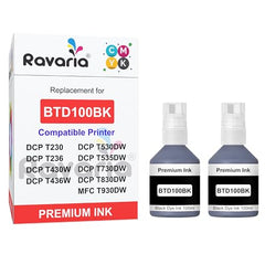 Ravaria BTD100BK Compatible Ink for Brother Printer DCP-T236 DCP-T230 DCP-T436W DCP-T430W DCP-T535DW DCP-T530DW DCP-T730DW DCP-T830DW MFC-T930DW (BTD100BK Black Ink 2 Pcs)