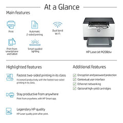 HP LaserJet M208dw Printer, Wireless, Single Function, Print, Hi-Speed USB 2.0, Ethernet, Bluetooth LE, Up to 30 ppm, 150-sheet Input Tray, 100-sheet Output Tray, Black and White, 6GW64A