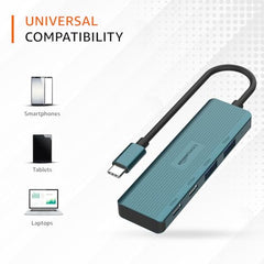 Amazon Basics Pro Series 6-in-1 USB HUB, USB-C PD 3, HDMI (4k@60Hz), USB 3.0-5 GBPS Data Transfer Speed, Aux 3.5, Docking Station with Instant Screen- On/Off and One-Click Mute Button (Turquoise)
