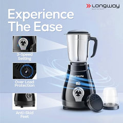 Longway Mix Pro 550 Watt Mixer Grinder with 4 Jars for Grinding, Mixing, Blending, Juicing with Powerful Motor (Black & Gray,4 Jars)