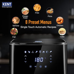 KENT Digital Air Fryer 5L | 1400W | Bake, Grill & Roast | Up to 80% Less Oil Usage | 8 Preset Menu | Rapid Heat Circulation | Digital Display & Touch Control Panel | Glass Window with in built Light