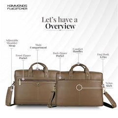 HAMMONDS FLYCATCHER Genuine Leather Office Bag for Men - 15.6 Inch Laptop Bag for Men, Adjustable Strap, Multi Compartments - Ideal for Office, Travel, Daily Use - 1 Year Warranty - Brown