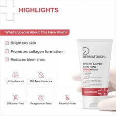 DERMATOUCH Bright & Even Tone Face Wash with Niacinamide, Vitamin E and Kojic Acid | For Tan, Pigmentation Dark Spots & Uneven Skin Tone | Oil Control | Dermatologist Tested | For Men & Women | 30g