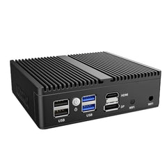 SKULLSAINTS Onyx: J6412 Fanless Mini Industrial PC with 4X 2.5G i226 LAN, WiFi 6, Soft Router Firewall, HDMI2.0, and 13 Ports