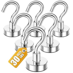 RULOKSHA Heavy Duty Magnetic Hooks, Holds Up to 13.6 kg (30 lbs), Strong Neodymium Rare Earth Magnets with Nickel Coating for Kitchen, Refrigerator, Office, Garage & Home (Silver, 3)