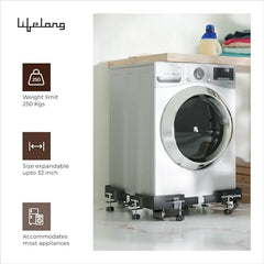 Lifelong Adjustable Washing Machine Stand with Wheels, Heavy Duty Steel Trolley for 5 Kg to 12 Kg Top Load & Front Load Washing Machines | Fridge & Air Cooler Stand | 180 Kg Capacity | Anti Vibration Pads | Black