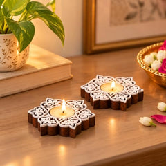 eCraftIndia Wooden Floral Printing Block Decorative Tea Light Candle Holders (Set of 12, Green White) Diwali Christmas Decorations Items for Home Office Christmas Gifts for Women Men Family Friend