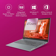 Lenovo IdeaPad Slim 3 Ryzen 5 7520U 15.6" (39.6cm) FHD Thin and Light Laptop (16GB RAM/512GB SSD/Backlit Keyboard/Windows 11/ Office 2024/Grey/1.6Kg), 82XQ01RYIN