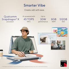 ASUS Vivobook S14 Flip (2026),Snapdragon X X1 26 100,AMD Radeon iGPU,8GB RAM,512GB SSD,FHD+,Touchscreen,14"(35.5 cm),Win 11,M365 Basic(1Y),Office 24,Light Blue,1.39 Kg,TP5408QA-U2093WS,Flip Laptop