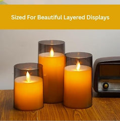 Flameless LED Pillar Candle Set of 2 | Acrylic Fiber Glass | Dancing Faux Wick | Remote Control with Battery Operated 3 AA | Home Décor & Gifting | 3" D x 6" H | Red