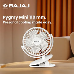Bajaj Pygmy Mini Fan 110MM | USB Charging | Multi-Clip Function | Rechargeable | 4-Hr Back-up | Silent Operation | Longer Battery Life | Energy Efficient | Portable【White】