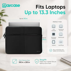 AirCase 6 Pocket Neoprene Laptop Sleeve for 11-13.3 Inch Laptops | Waterproof Laptop Cover Bag | Case with Charger & Accessory Pockets | for MacBook Air, Chromebook & Small Laptops | Black