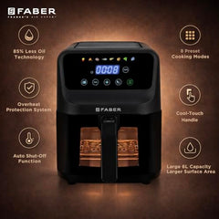 Faber 4L 1350W Digital Air Fryer | Fry, Bake, Roast | 85% Less Oil, 200°C Swirl Heating Technology |10-Preset Menu|Touch Control Interface| Auto Shut-Off |2 Yrs Comprehensive Warranty|Black