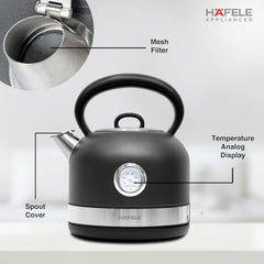 Hafele Dome Plus 2200W, 240V Electric Stainless Steel Kettle with Spout Cover with Analogue Temperature Display, Detachable Micro-Mesh Filter for Lime Scale Filtering, Easy Cleaning (1.7 L) (Grey)