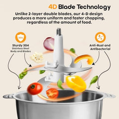 Electric Kitchen Chopper with 3 Attachments, 2L Stainless Steel Bowl, 300W Food Processor, Meat Mincer, Vegetable Cutter, Garlic Peeler, Egg Whisk, Carrot Grater for Home Kitchen