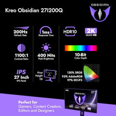 Kreo Obsidian 27I200Q 27" Gaming Monitor, 1440p QHD IPS, 200Hz, 1ms, 130% sRGB, 95% AdobeRGB, FreeSync/G-Sync, HDR10, Adjustable Stand, HDMI & DisplayPort, Eye Comfort, Flicker Free