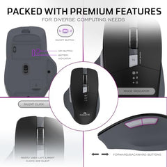 Amkette Hush Pro Epic M Rechargeable Wireless Mouse, Bluetooth Mouse | 3 Device Connectivity (2xBT&2.4G) with Top Mounted Device Switch Button, Silent Switches, Ergonomic Design, Upto 3200 DPI, Black