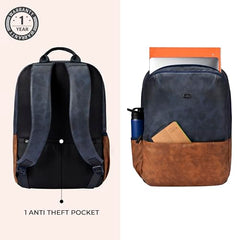 Gear Uber Leatherite Medium Faux Leather Water Resistant 2 Compartment Laptop Backpack/Casual Backpack/Daypack/Travel Backpack/College Bag For Men/Women (Navy-Tan), 26 Litres