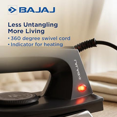 Bajaj DX-2 600W Dry Iron | Advance Soleplate And Anti-Bacterial German Coating Technology | 180 Degree Swivel Cord | Cool Touch Handle | 2-Yrs Warranty 【Black】