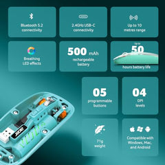 Acer Clearview Wireless Mouse, Dual Mode Bluetooth 5.2 & 2.4GHz, Rechargeable 500mAh Battery, RGB Lighting, 3200 DPI Adjustable, Silent Portable Mouse for Laptop, PC, Mac & Tablet, Blue