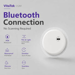 VitaTok CGM Sensor for Continuous Glucose Monitoring, Real-Time Blood Glucose Tracking, Bluetooth Connectivity, Up to 15 Days Wear, Lightweight & Thin Design, IP28 Water Resistant