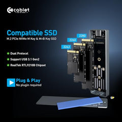 Cablet M.2 NVMe/NGFF SSD Enclosure USB 3.1 Gen2 10Gbps for 2242/2260/2280 M-Key/M+B Key PCIe SSD, Supports Dual Protocol NVMe and NGFF SSD, UASP Max 2TB, Aluminium Case