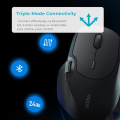 Rapoo MT760L Ergonomic MultiDevice Mouse, Rechargeable, Onboard Memory, Blk
