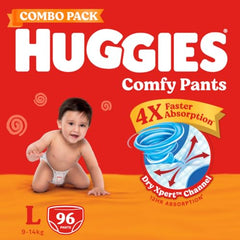 Huggies Comfy Pants Baby Diaper, Large (L) Size (9-14 Kgs), Pack of 192 (96 count, Pack of 2)