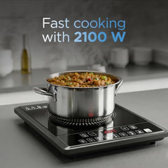 Preethi Indicook IC124 2100W Induction Cooktop, 8 Preset Indian Menus | Crystal glass surface with soft-touch controls, custom temperature and timer settings, plus high-voltage surge protection