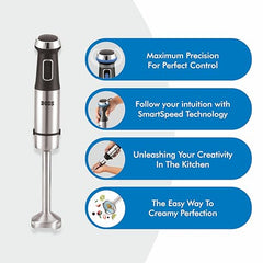 BOSS Stellar Hand Blender 1200 Watts with Chopper, Blender Jar, On to go Bottle Cap| Variable Speed & Turbo Speed Function| Anti-Splash Technology| 2 Year Warranty| Grey