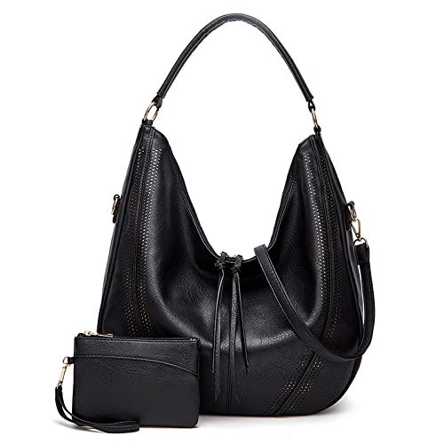 SYGA PACK OF 2 Women's Shoulder Cross-Border Large Capacity Hobo Bag with Wristlet(BLACK)