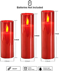 Flameless LED Pillar Candle Set of 2 | Acrylic Fiber Glass | Dancing Faux Wick | Remote Control with Battery Operated 3 AA | Home Décor & Gifting | 3" D x 6" H | Red