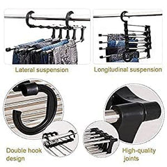 MOMISY 5 in 1 Stainless Steel Foldable Hangers for Clothes Pant Hanging Multi-Layer Multi Purpose Space Saving Magic for Wardrobe (Pack of2)